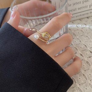 3/$35 Copper Flower Pearl Open Ring Adjustable Gold Tone Opal Cubic Zirconia